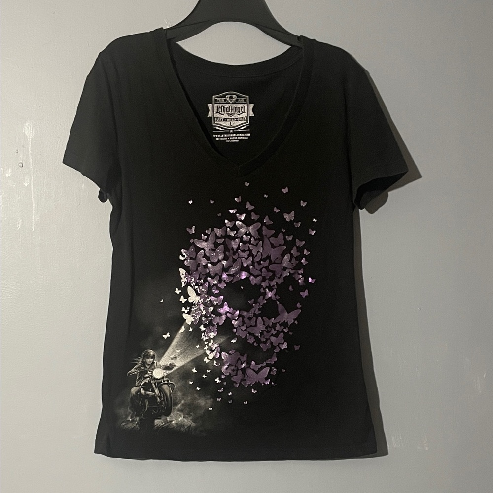 Rock & Republic Black Tee with Purple Butterfly Skull Design